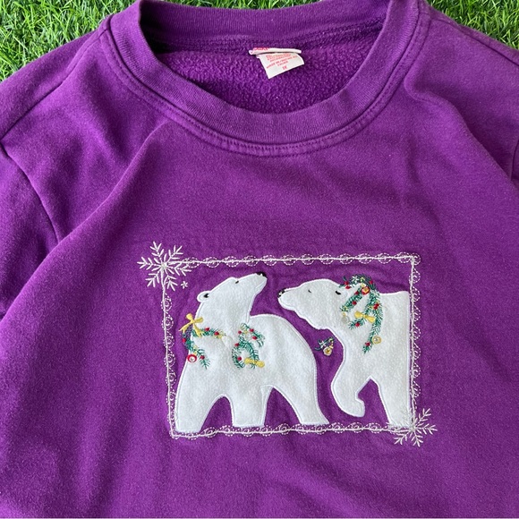 POLAR BEARS EMBROIDERY CHRISTMAS VINTAGE SWEATER NATURE PULLOVER MOUNTAIN WINTER - Picture 1 of 7